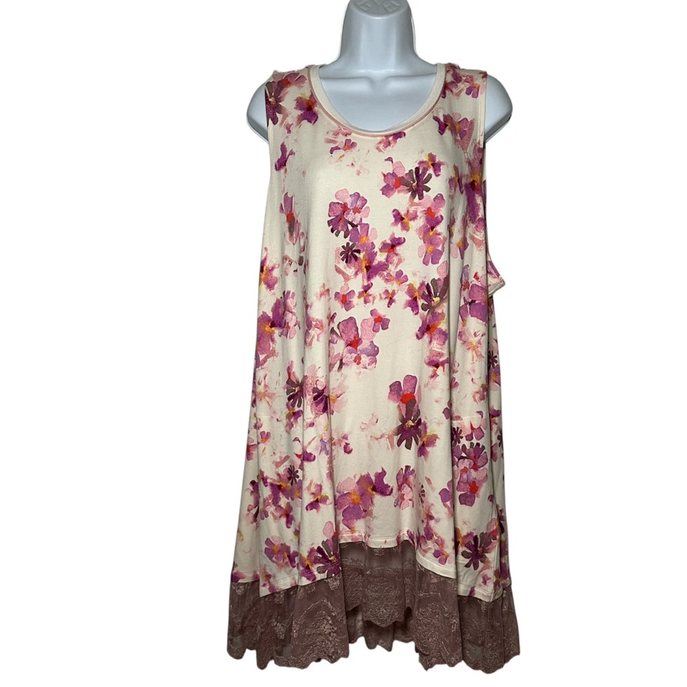 LOGO Lounge Lori Goldstein Women’s Pink White Floral Lace Trim Tunic Top-Size 2X